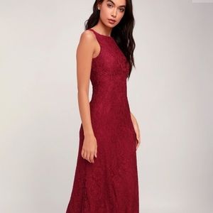 NWT Lulu’s Brilliant Babe Wine Red Lace Maxi Dress